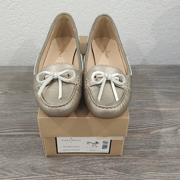 New Cole Haan Gold Metallic Leather Tali Boat Shoe II Size 7.5 - Picture 1 of 11